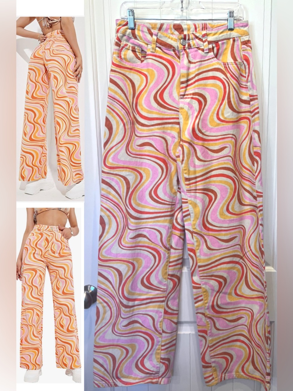 Wide-Leg High Waist Retro Swirl Print Jeans Sz Large 8/10 Boho Festival Hippie